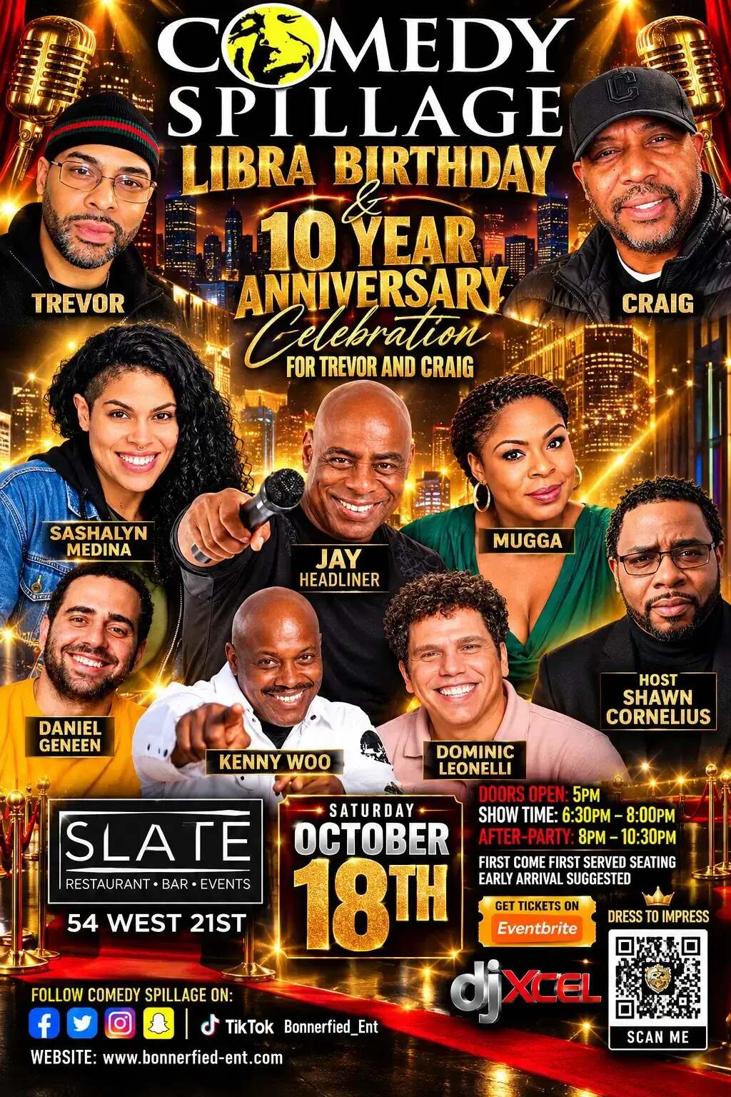 Comedy Spillage Libra birthday and 10 year anniversary flyer for October 18, 2026