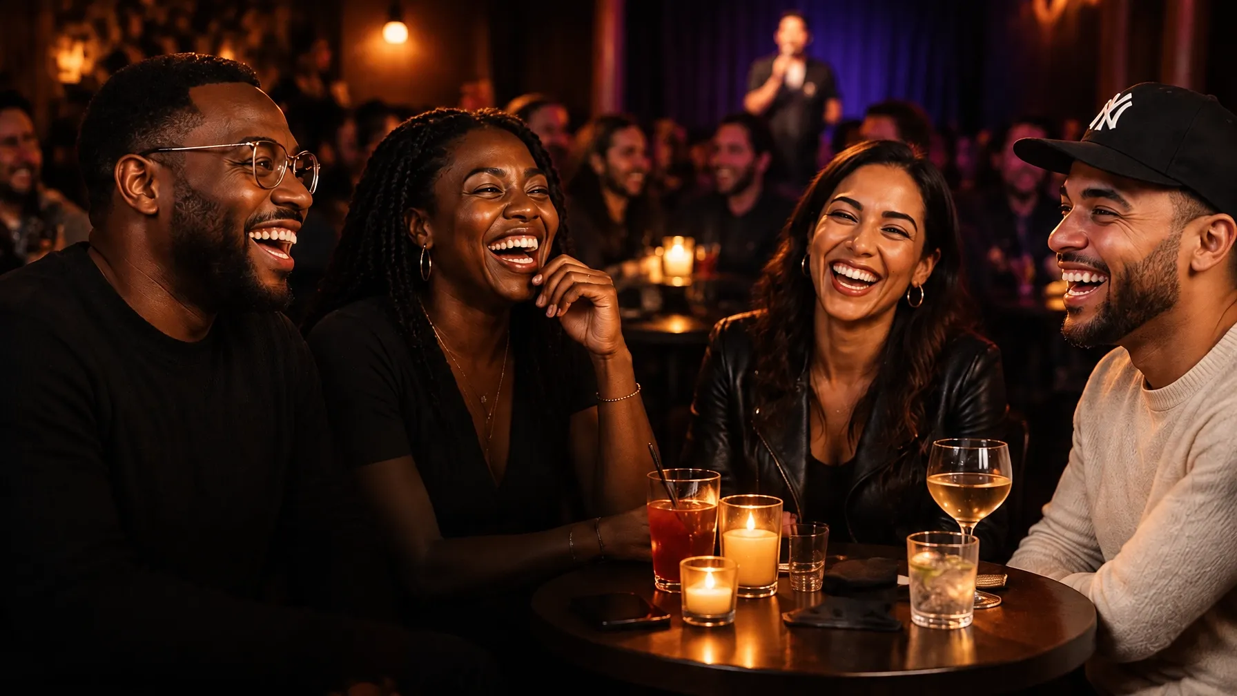 Friends laughing around a candlelit table during a NYC comedy show