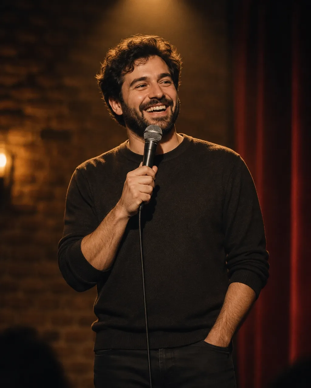 Comedian smiling into a microphone under warm stage light