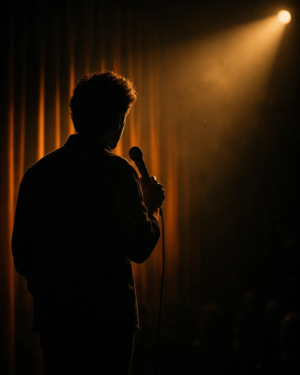 Comedian silhouetted at a microphone beneath a golden spotlight