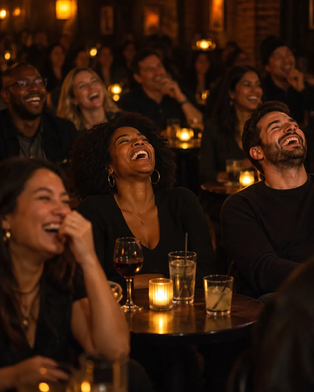 Friends laughing around candlelit tables at a comedy show