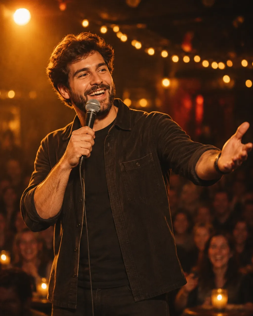 Comedian reaching toward a warmly lit comedy crowd