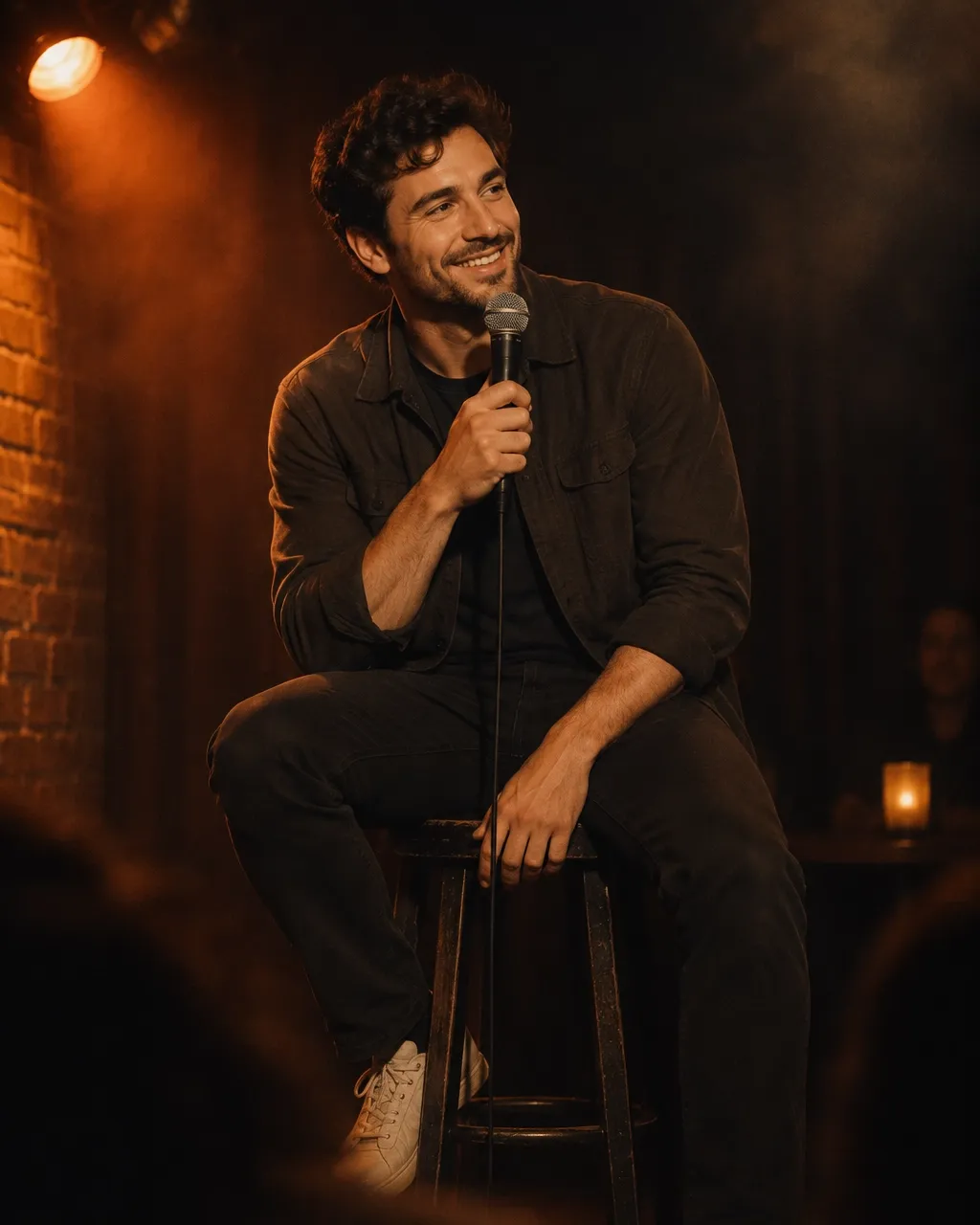 Comedian seated on a stool in an intimate comedy club